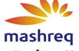 its Mashreq Bank official logo.white background and wrote mashreq in english and arabic. and a curved flower leaf like orange color.