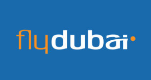 This is flydubai logo. blue background. "fly" text color orange and dubai text color is white.