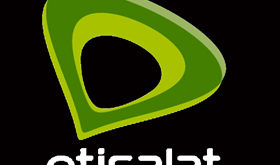 this image is etisalat official logo. it looks like Black backround and written on ' etisalat' top of the font there are triangleoval shaped logo.