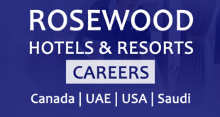 Rosewood Hotel and Resorts written on blue background. careers written on white block