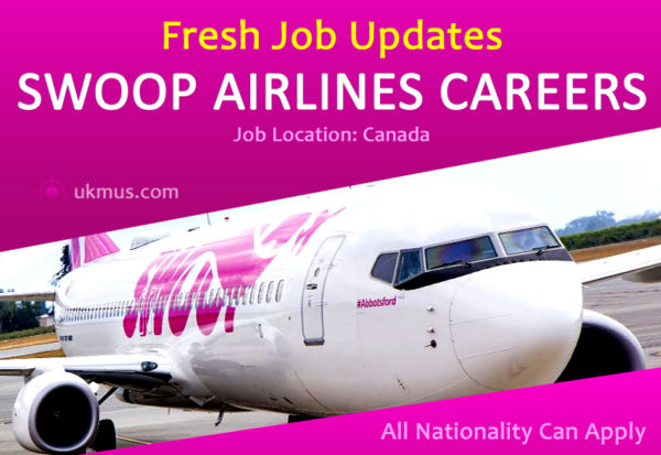 A plane in image. Swoop airlines careers written in white fornt on pink gradient background 