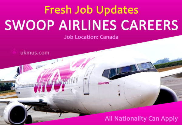 A plane in image. Swoop airlines careers written in white fornt on pink gradient background