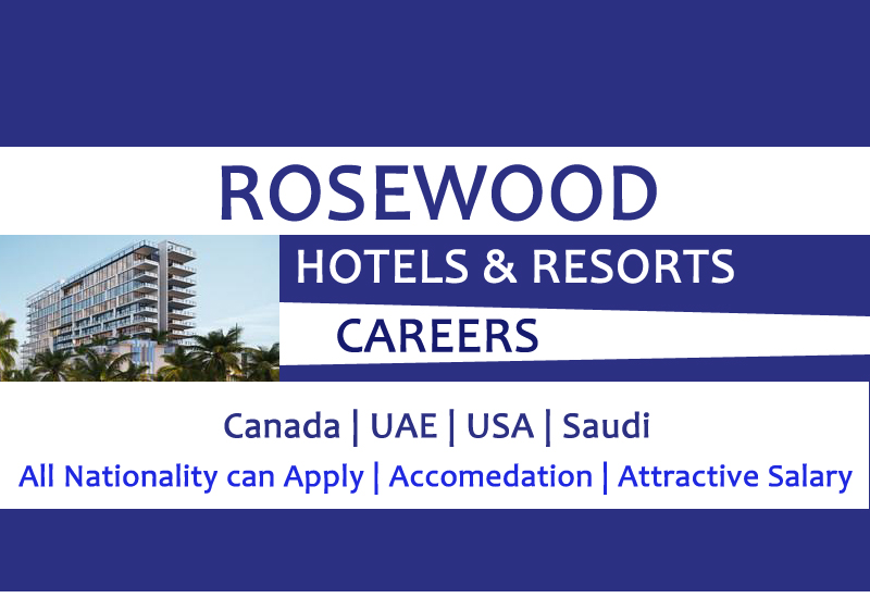 rosewood-hotel-careers. fonts written in white color and blue background. Rosewood Hotel and resort picture on the left side of the image.