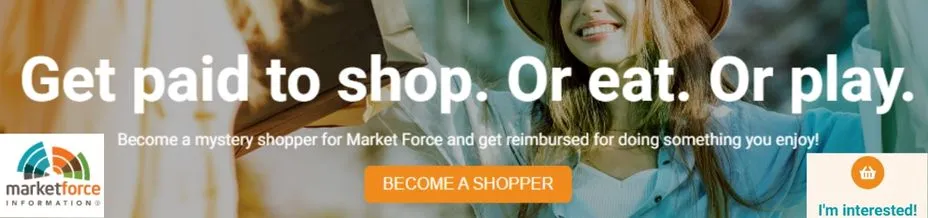 marketforce - Mystery Shopper -  become a mystery shopper- A beautiful smiled lady on background- Get paid - shop- eat- play- ukmus.com